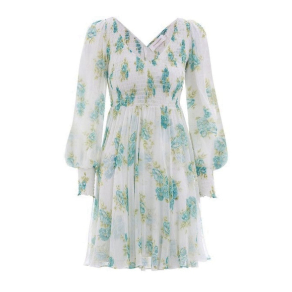 Zimmermann Silk Green White Floral Smocked Babydoll Mini Dress Size 1 M No Liner - Picture 4 of 16